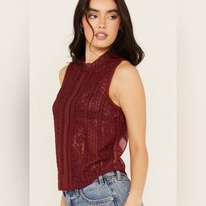 Beyond The Radar Sheer Lace Burgundy Sleeveless Top Size L